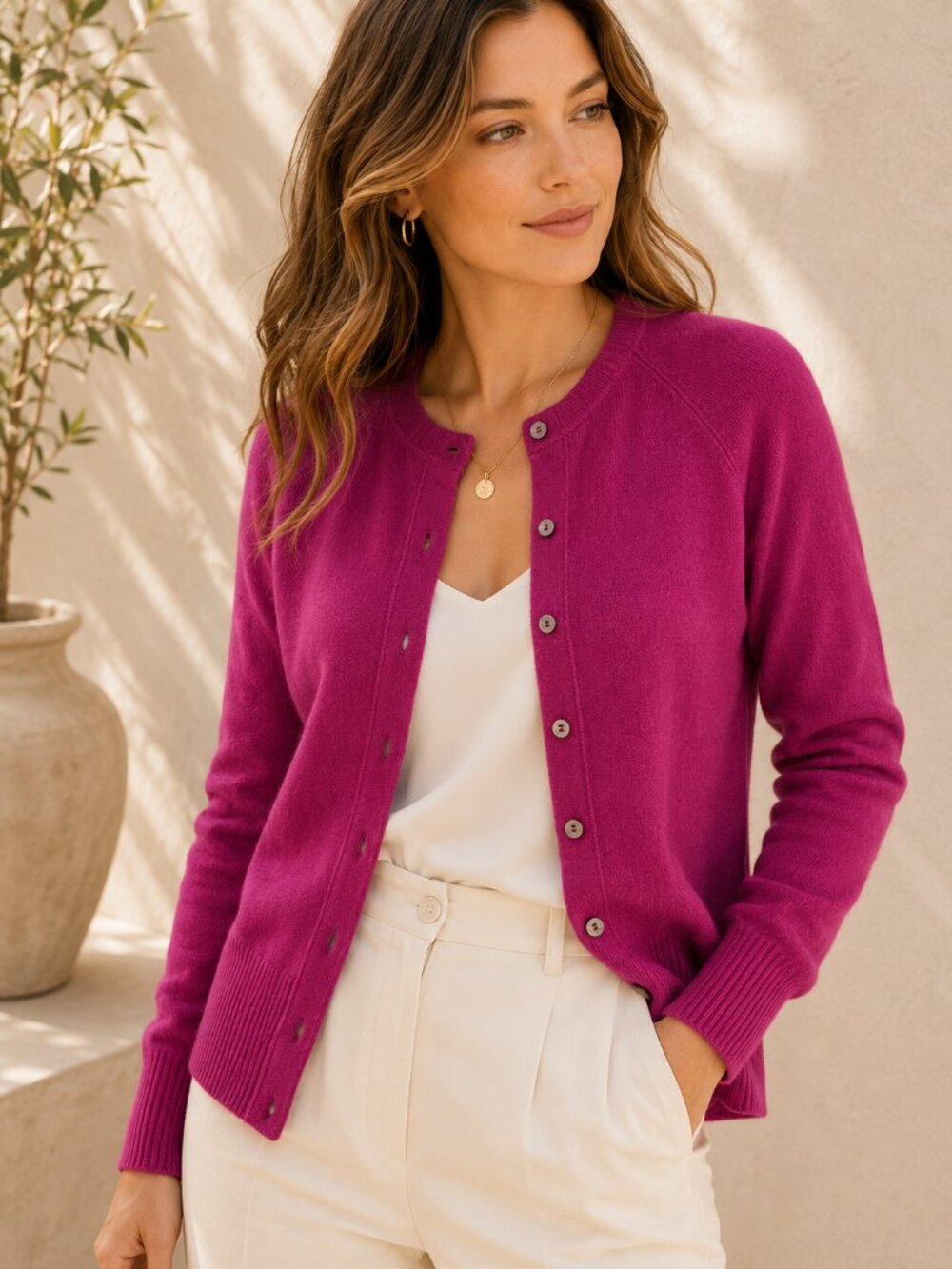 A. Giannetti 100% Cashmere Cardigan Sweater Fuchsia Pink 2 Ply M